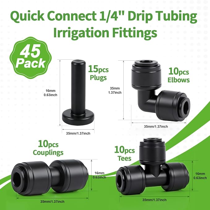RedChili 45 PCS Quick Connect 1/4" Drip Irrigation Fittings Kit, Universal Drip Line Connectors for 1/4-Inch Drip Tubing Includes Couplings Tees Elbows Plugs Parts for Irrigation System Connection