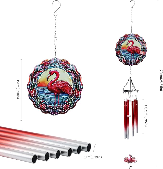 Flamingo Wind Spinner Chimes Outdoor - Hanging Garden Decor with Spinning Flamingo, Metal Wind Chimes for Patio, Yard, Backyard - Birthday Housewarming Gifts for Women/Mom/Grandma