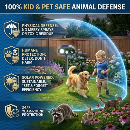 4 Pack Ultrasonic Deer Repellent for Plants Garden Solar Animal Repellent Outdoor with Motion Sensor & Strobe Light for Rabbit Cat Deterrent Raccoon Squirrel Fortress Pro Keep Pests Out of Yard Farm