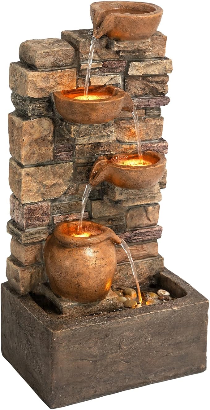 Teamson Home 28.5" Outdoor 4-Tier Stacked Stone Cascading Water Fountain with LED Lights, Brown | Cascading Water, LED Lights