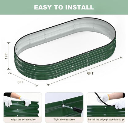 Raised Garden Bed, 6x3x1ft Galvanized Outdoor Planter Beds with Safety Edging and Gloves, Oval Metal Planter Box for Gardening Vegetables Flowers Herb-Deep Green