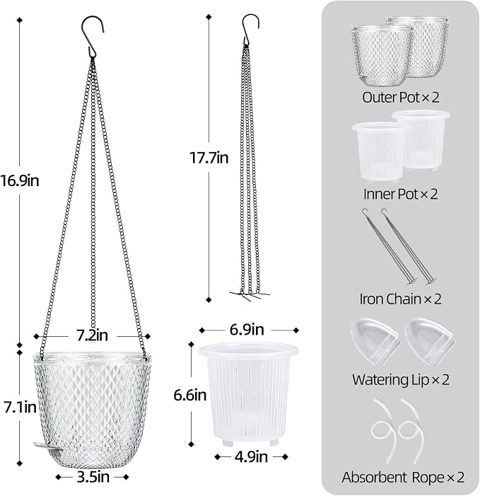 QCQHDU 7.2 Inch 2 Pack Hanging Planters for Indoor Outdoor Plants,Self Watering Flower Pots Hanging Basket,Plastic Plant Hanger with Drainage Holes and 3 Hooks for Window Porch Garden Balcony, (White)