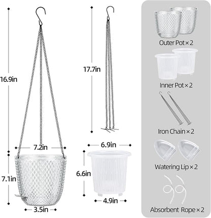 QCQHDU 7.2 Inch 2 Pack Hanging Planters for Indoor Outdoor Plants,Self Watering Flower Pots Hanging Basket,Plastic Plant Hanger with Drainage Holes and 3 Hooks for Window Porch Garden Balcony, (White)