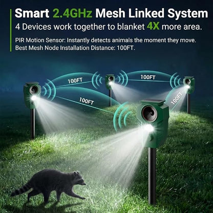 4 Pack Solar Ultrasonic Animal Repellent, 2.4GHz Wireless Synchronized Mesh Linked System, Deer Repellent Devices Motion Activated Cat & Raccoon Deterrent for Yard Garden, IP65 Waterproof LED Light