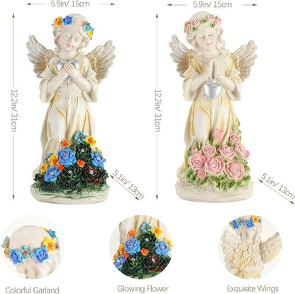 Angel Garden Statue 2Pcs,Love Heart Solar Garden Decor with Warm Light,Waterproof Praying Angel Statue with Flowers,Outdoor Garden Decor Sculpture for Lawn Yard Patio Garden Present,Apricot