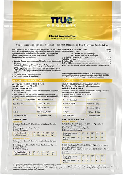 True Organic Citrus & Avocado Food – Organic Fertilizer for Lush Foliage and Abundant Fruit – 4lb Bag Covers 70 Sq. Ft.