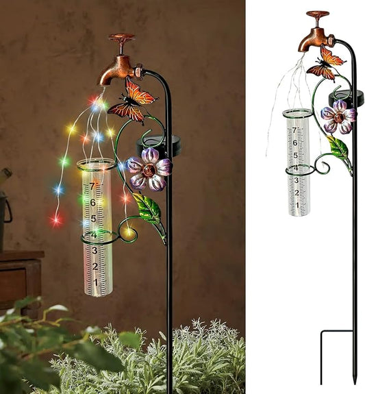Copper Faucet Rain Gauge, 7" Glass Tube Butterfly Flower Garden Yard Stake Decor