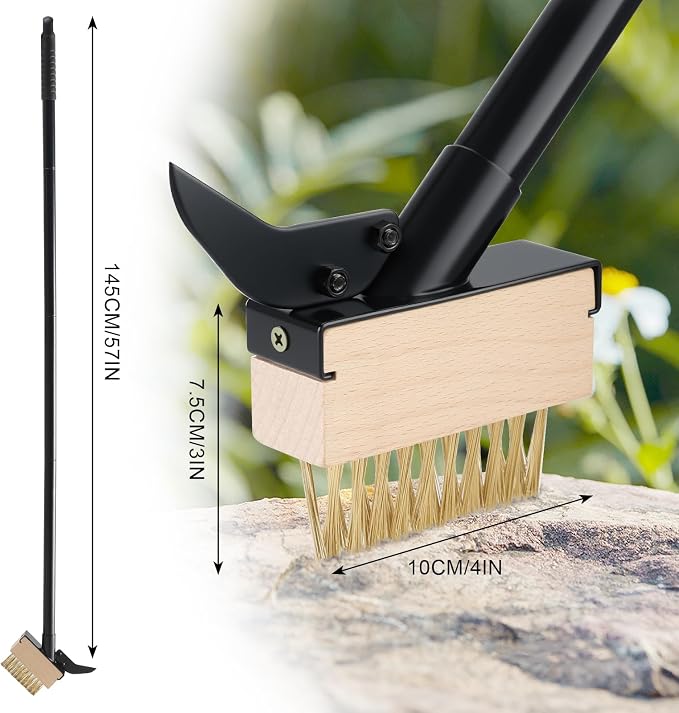 Mitclear Weed Moss Remover Brush with Long Handle(57IN), Crack Weeder Moss Removal Tool with Wire Brush & Scraper, Weed Puller Crevice Cleaning, Remove Weeds on Roof Deck Driveway Paver(4 Brushes)