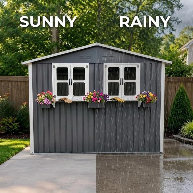6x9 FT Outdoor Storage Shed with 2 Clear Openable Windows,Waterproof Metal Building Backyard Shed w/Windowsill & Garden Bed Flower Rack,Lockable Double Doors Tool Shed,Waterproof,for Yard,Gray