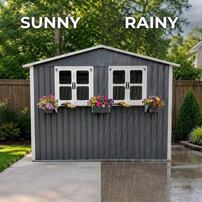 6x9 FT Outdoor Storage Shed with 2 Clear Openable Windows,Waterproof Metal Building Backyard Shed w/Windowsill & Garden Bed Flower Rack,Lockable Double Doors Tool Shed,Waterproof,for Yard,Gray