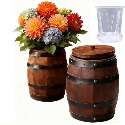 Wood Wine Barrel Vase 6" x 5" – Mini Barrel Rustic Wooden Flower Vase Planter for Wedding Reception, Party Table Decoration,Home Indoor Outdoor Garden, Kitchen,Planting-2pcs (2)