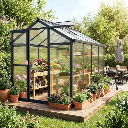 Garvee 6x8ft Walk-in Greenhouse, Heavy Duty Large Outdoor Green House | Polycarbonate Garden Greenhouse with Roof Vent, Lockable Smooth-Gliding Sliding Door & Aluminium Frame for Backyard, Grey