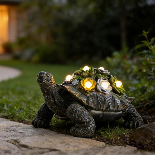 Solar Powered Succulent Turtle Statue, Resin Garden Decor with LED Lights, Waterproof Outdoor Ornament for Patio, Yard, Lawn, Porch, Unique Housewarming Gifts