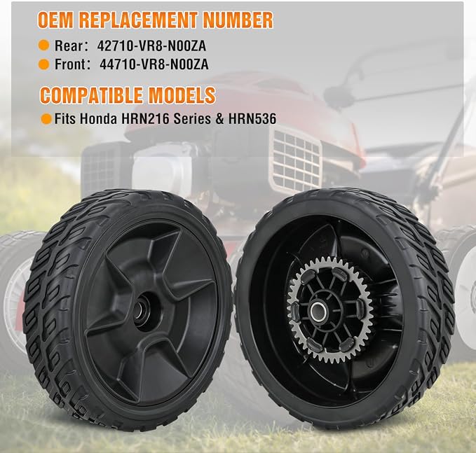 Yesker Lawn Mower Wheels Replacement 8 Inch, 2 Rear 42710-VR8-N00ZA and 2 Front 44710-VR8-N00ZA, Honda Lawnmower Wheels Compatible with HRN216 Series for Self-Propelled Walk-Behind, 4-Pack