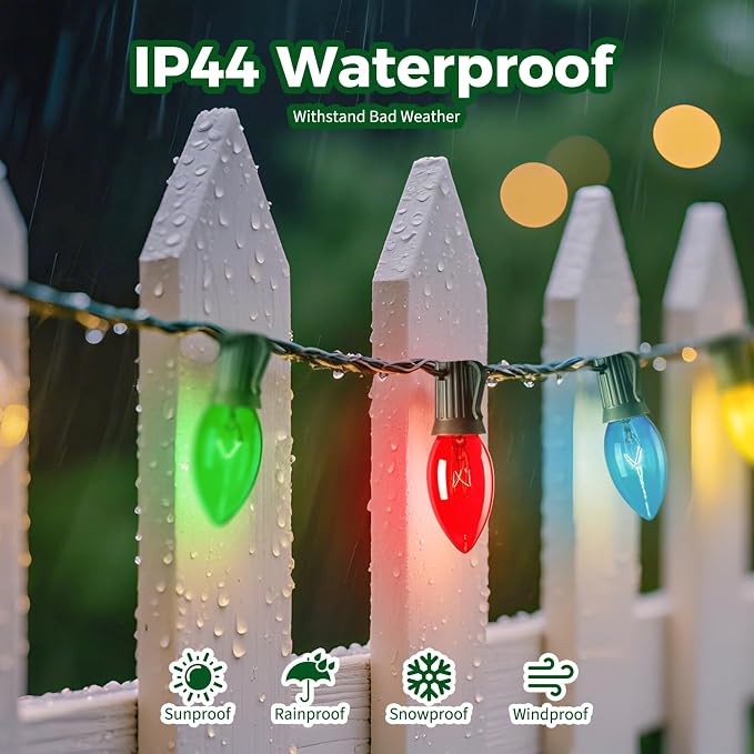 Minetom C9 Bulb Christmas Lights Outdoor, 50FT Multicolored String Lights | Waterproof Outdoor Lights for Backyard Patio Room Christmas Tree Party Holiday Decoration, E17 Base, 50 +2 Bulbs, Green Wire