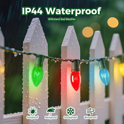 Minetom C9 Bulb Christmas Lights Outdoor, 50FT Multicolored String Lights | Waterproof Outdoor Lights for Backyard Patio Room Christmas Tree Party Holiday Decoration, E17 Base, 50 +2 Bulbs, Green Wire