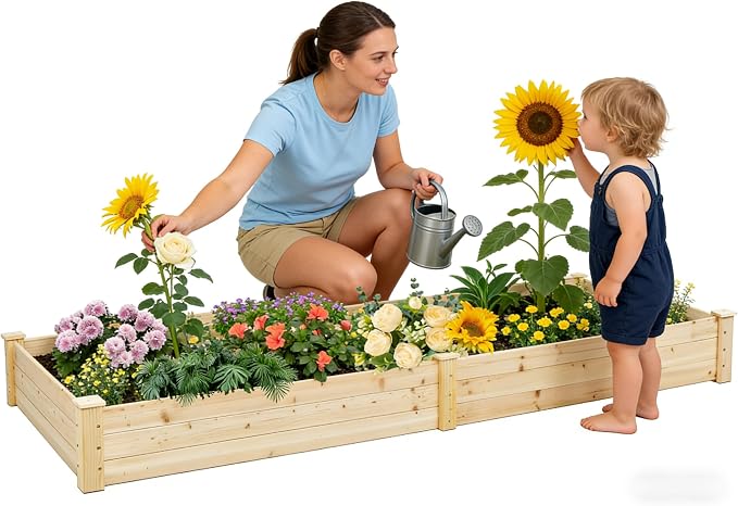 SUNCROWN 8x2ft Wooden Raised Garden Bed Planter Box for Vegetables, and Flowers in Backyard/Patio/Outdoor Gardening with Open Base, Natural, 96 x 24 x 10in