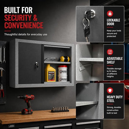 JZD Steel Wall Cabinet for Tool Organization with Two Removable Shelves, Industrial-Strength Metal Hanging Cabinets, for Garage Workshop