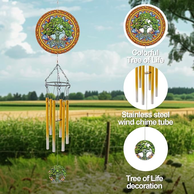 Wind Chimes with Tree of Life Wind Spinner, Gifts for Men, Women, Retirement, Teacher, Parents - Outdoor Hanging Decor Clearance for Garden, Patio, Backyard Or Porch