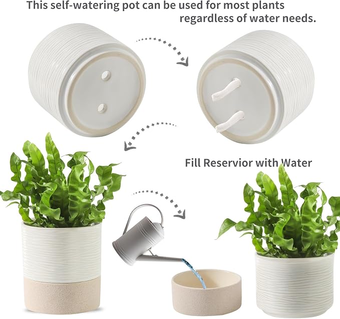 Nihow Ceramic Self Watering Plant Pot for Indoor Plants, 4.5+6 Inch | Planter with Cotton Wick, Drainage Hole & Water Storage Plus, Cylinder Round Flower Pot, For Succulent/Herbs/Violets