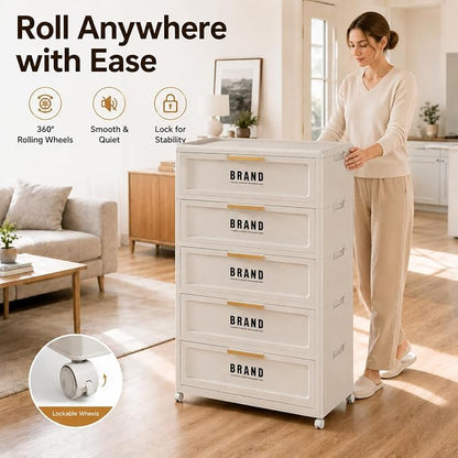 Foldable Storage Cabinet with Doors & Locking Wheels, 5-Tier Large-Capacity Organizer, No-Tool Setup, Impact-Resistant ABS Construction for Dorm, Pantry, Laundry, and Living Spaces