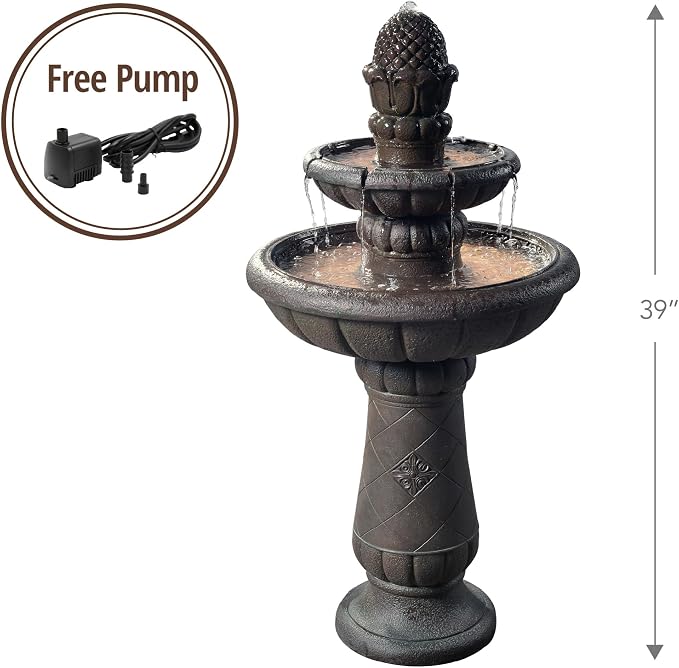 Teamson Home Deluxe Pineapple Pedestal 2 Tiered Floor Waterfall Fountain with Pump for Outdoor Patio Garden Backyard Decking, 39 Inch Height, Iron Gray | Waterfall Fountain with Pump, Garden Patio Yard Décor, Durable Polyresin, Weatherproof, Iron Gray