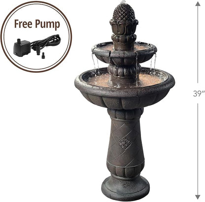 Teamson Home Deluxe Pineapple Pedestal 2 Tiered Floor Waterfall Fountain with Pump for Outdoor Patio Garden Backyard Decking, 39 Inch Height, Iron Gray | Waterfall Fountain with Pump, Garden Patio Yard Décor, Durable Polyresin, Weatherproof, Iron Gray