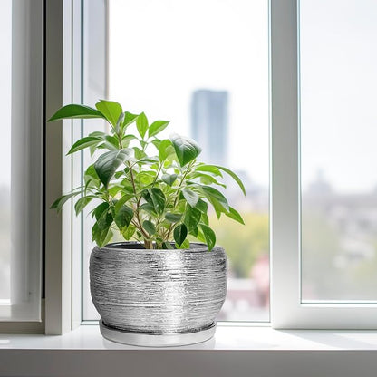 SQOWL Ceramic Pot for Plants - 10 Inch Planter Indoor, Round Large Planter Outdoor with Drainage Hole and Plant Saucer, Decorative Ceramic Flower Pot, Kitchen Decor, Housewarming Gifts, Silver