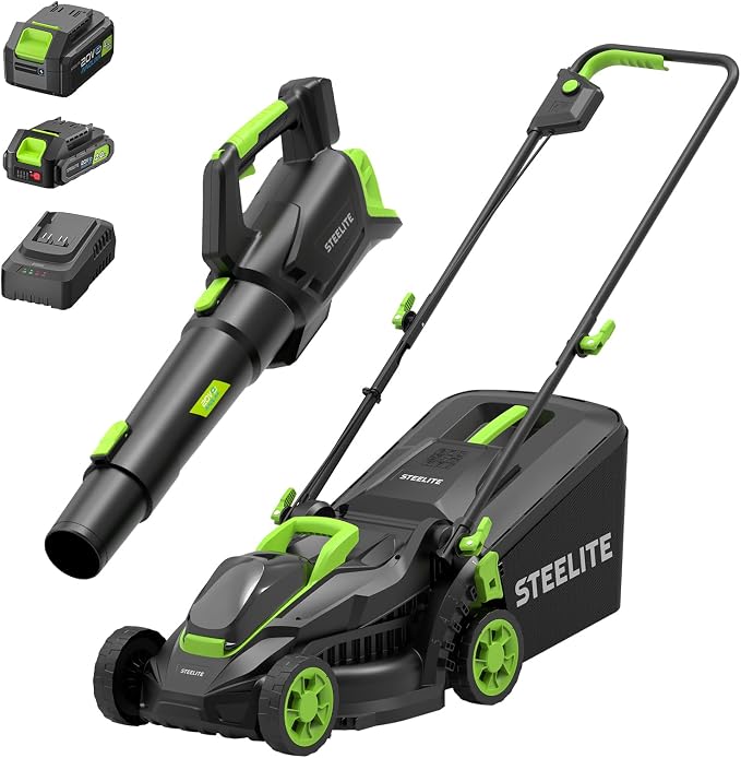 STEELITE 13-Inch Cordless Lawn Mower & Leaf Blower Combo, with 21V 4.0Ah + 2.0Ah Batteries & Charger, 5-Position Height Adjustment, Mulching/Bagging Mower for Small Yards