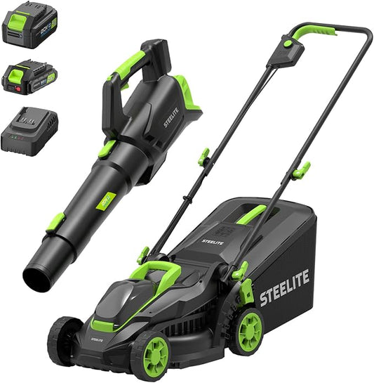 STEELITE 13-Inch Cordless Lawn Mower & Leaf Blower Combo, with 21V 4.0Ah + 2.0Ah Batteries & Charger, 5-Position Height Adjustment, Mulching/Bagging Mower for Small Yards