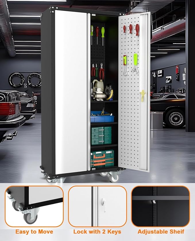 Garvee Cabinet Metal Storage Cabinet with Wheels, Heavy Duty Steel Rolling Organizer with Lockable Doors, Adjustable Shelves, Utility Garage Cabinet for Home, Office, Workshop, Laundry Room, Kitchen