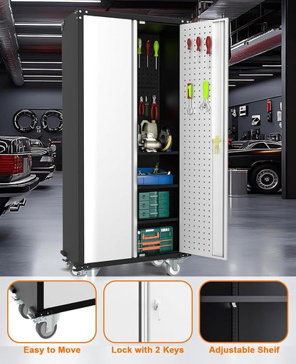 Garvee Cabinet Metal Storage Cabinet with Wheels, Heavy Duty Steel Rolling Organizer with Lockable Doors, Adjustable Shelves, Utility Garage Cabinet for Home, Office, Workshop, Laundry Room, Kitchen