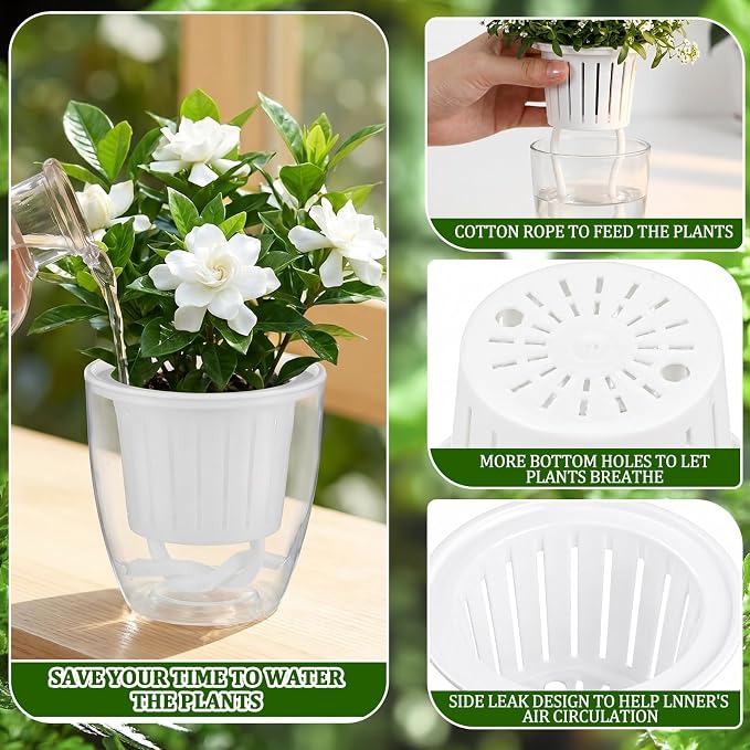 36 Pcs Self Watering Pots 3.5 Inch Plastic Flower Plant Pot with Inner Pot Self Watering Wick Planter White Clear Flower Pots for Indoor Plants Herbs, Flowers, Succulent (Transparent White)