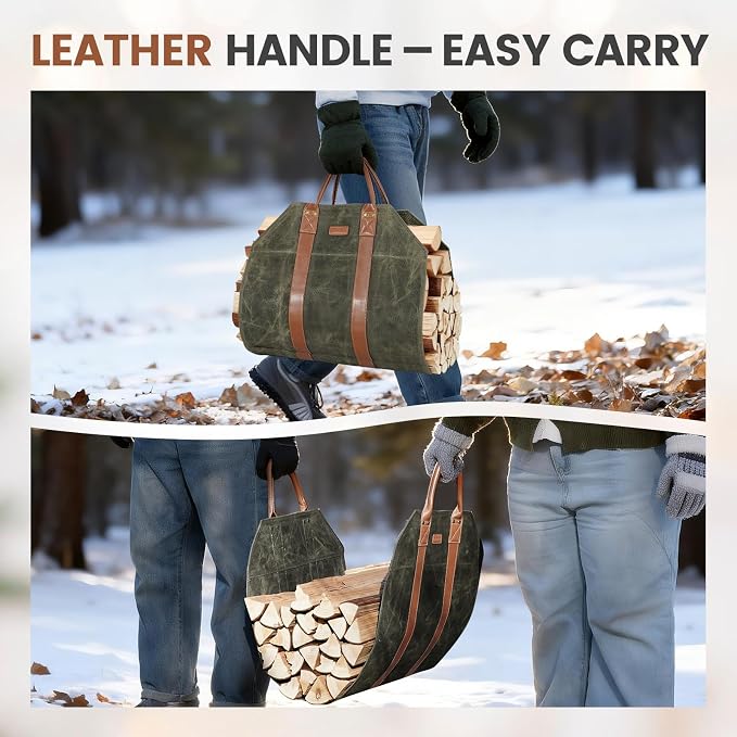 INNO STAGE Canvas Log Carrier Bag,Durable Wood Tote,Fireplace Stove Accessories,Extra Large Firewood Holder with Handles for Camping (39" L x 18" W-Green)
