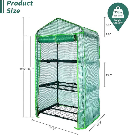 3 Tier Mini Indoor Greenhouse,27"x19"x49" Greenhouse for Indoors&greenhouses for Outdoors with PE Cover and Roll-Up Zipper Door