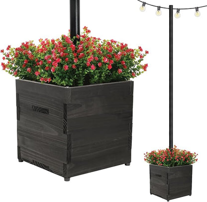Large Decorative Wooden Planter w/ Universal Pole Support for String Light Poles, Umbrellas, Bird Feeders. Solid Wood Outdoor Garden Patio Box for Plants(Does not include Pole), 14"x14"x14", Black