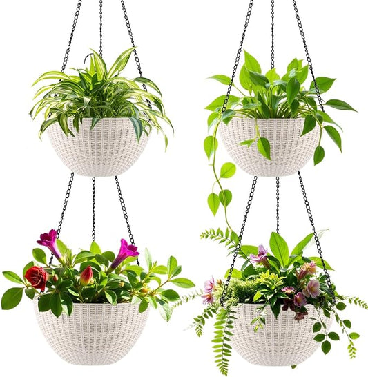 RooTrimmer Hanging Planters for Indoor Outdoor Plants 8 and 10 Inch, 4 Packs Hanging Flower Pot with Drainage Holes, Self-Watering Hanging Basket Perfect for Home, Office and Garden, White