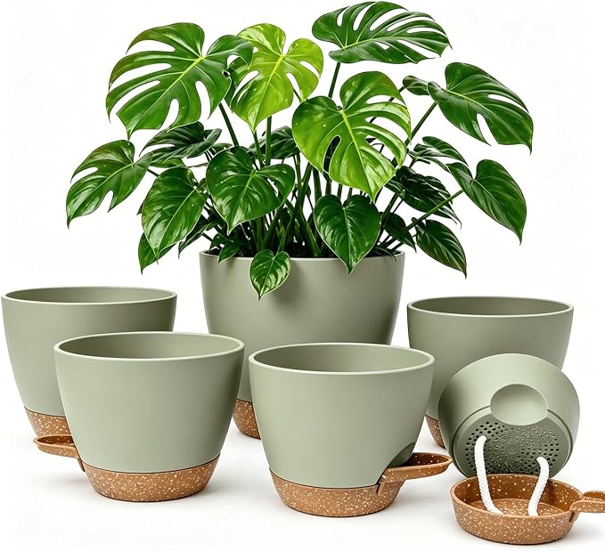 Plant Pots for Indoor 9/8/7/6.5/6/5 Inch, Self Watering Planter Pots with Drainage Holes and Saucers, 6Pcs Plastic Flower Pots for Indoor & Outdoor Plants（Green）