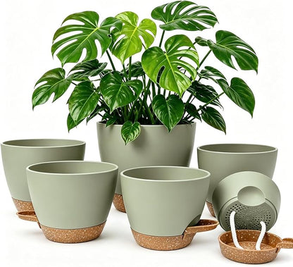 Plant Pots for Indoor 9/8/7/6.5/6/5 Inch, Self Watering Planter Pots with Drainage Holes and Saucers, 6Pcs Plastic Flower Pots for Indoor & Outdoor Plants（Green）