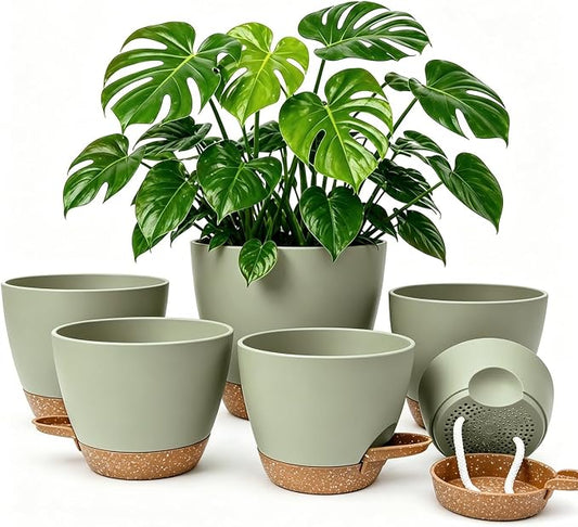 Plant Pots for Indoor 9/8/7/6.5/6/5 Inch, Self Watering Planter Pots with Drainage Holes and Saucers, 6Pcs Plastic Flower Pots for Indoor & Outdoor Plants（Green）