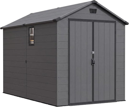 Greesum 6x10FT Plastic Storage Shed with Floor, Resin Outdoor Storaged Sheds with Lockable Double Door, Window and Vents, All-Weather Tool Sheds for Patio, Garden, Backyard, Dark Gray