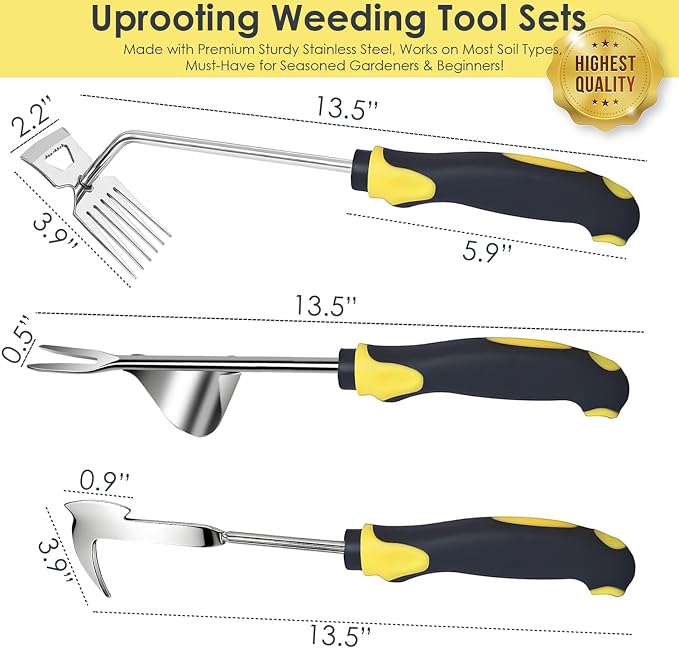 Weed Puller Tool, 3 Pack Weed Remover Tool, 6-Tine Uprooting Weeding Tools, Uprooting Puller & Crevice Weeder, Stainless Steel Garden Tools for Deep Roots, Farm & Backyard