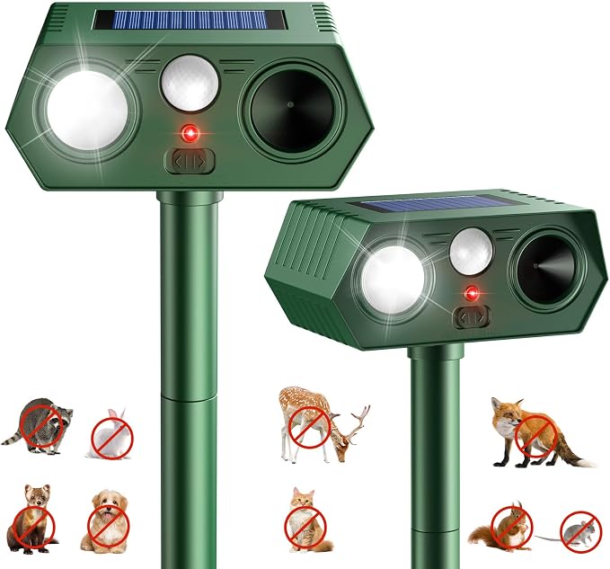 2026 Upgraded Solar Ultrasonic Animal Repeller Outdoor Deer Repellent Devices Waterproof, Motion Activated Animal Deterrent Devices to Scare Cat Squirrel Rabbit Raccoon Skunk for Yard Garden (2-Pack)