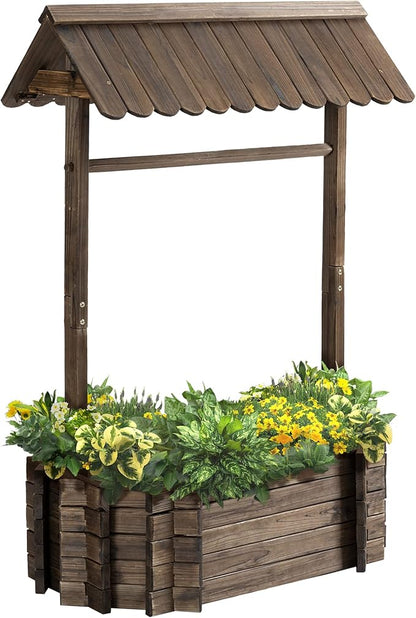 Outsunny Wishing Well Planter, Wooden Raised Garden Bed, Ornamental Outdoor Flower Planter for Outdoor Garden, Yard, Lawn, and Home Decor