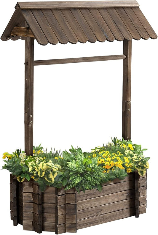 Outsunny Wishing Well Planter, Wooden Raised Garden Bed, Ornamental Outdoor Flower Planter for Outdoor Garden, Yard, Lawn, and Home Decor