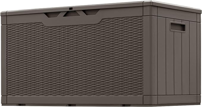 Greesum 100 Gallon Resin Patio Storage Box for Garden Tools, Outdoor Furniture Cushions, Pool Supplies, Dark Brown