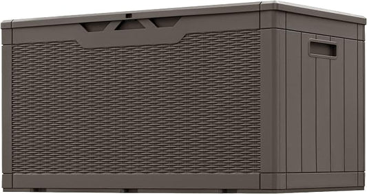 Greesum 100 Gallon Resin Patio Storage Box for Garden Tools, Outdoor Furniture Cushions, Pool Supplies, Dark Brown