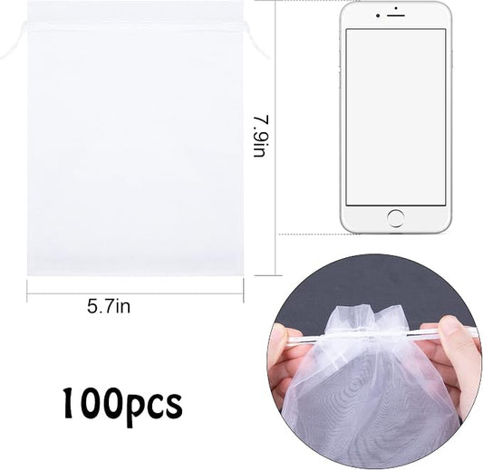 6x8 Inch 100 Pieces Organza Fruit Netting Bags - Fruit Protection Bags with Drawstring, Garden Plant Net Barrier Bag for Tomatoes, Grapes, Mangoes