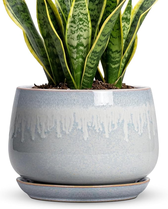 9 Inch Ceramic Pots for Plants - Indoor Plant Pots with Drainage and Saucer, Decorative Planters for Indoor Plants, Round Large Flower Pot, Rustic Home Decor, Housewarming Gifts, Grey-White