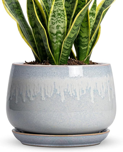 9 Inch Ceramic Pots for Plants - Indoor Plant Pots with Drainage and Saucer, Decorative Planters for Indoor Plants, Round Large Flower Pot, Rustic Home Decor, Housewarming Gifts, Grey-White